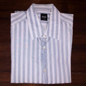 BOSS HUGO BOSS Blue, Light Blue, White Striped Dress Shirt / LATE 90s